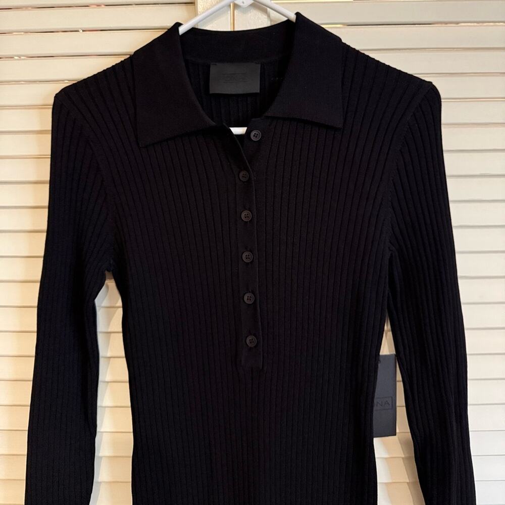 NWT NEW ONA by Yoon Chung Black Ribbed Bodycon Long Sleeve Knit Dress - Picture 3 of 9